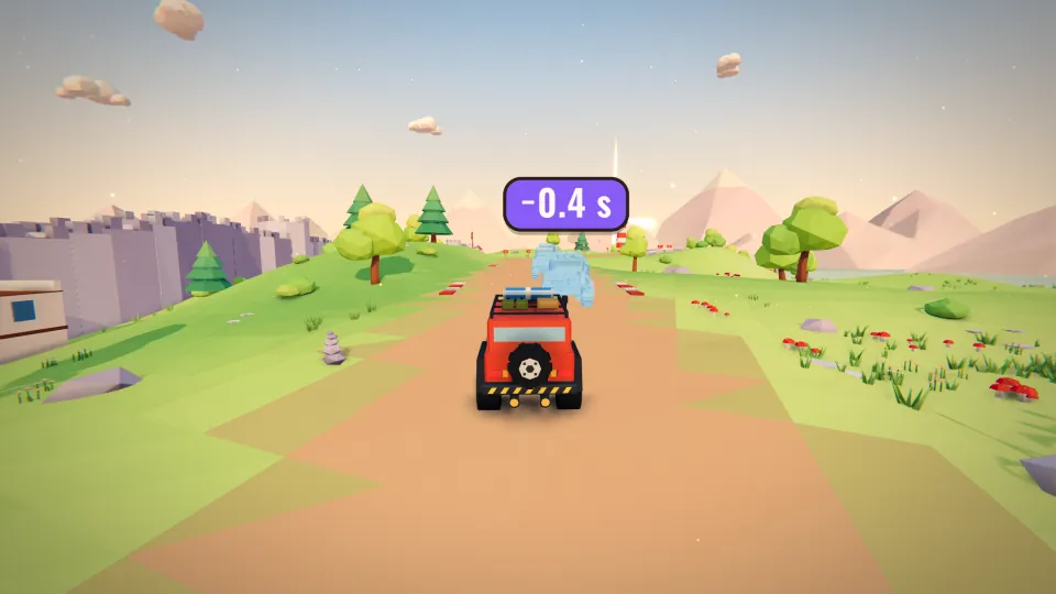 The car chasing a see-through blue ghost car on the road, labelled 0.4 seconds ahead