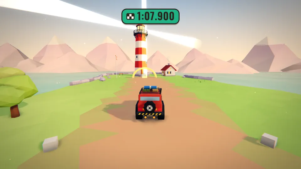 The car driving up to the glowing goal arch by a lighthouse, with the finish time