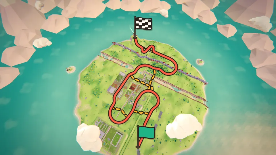 A whole Hoone island from high above, the route drawn from the green start flag to the chequered goal flag, shortcuts dashed
