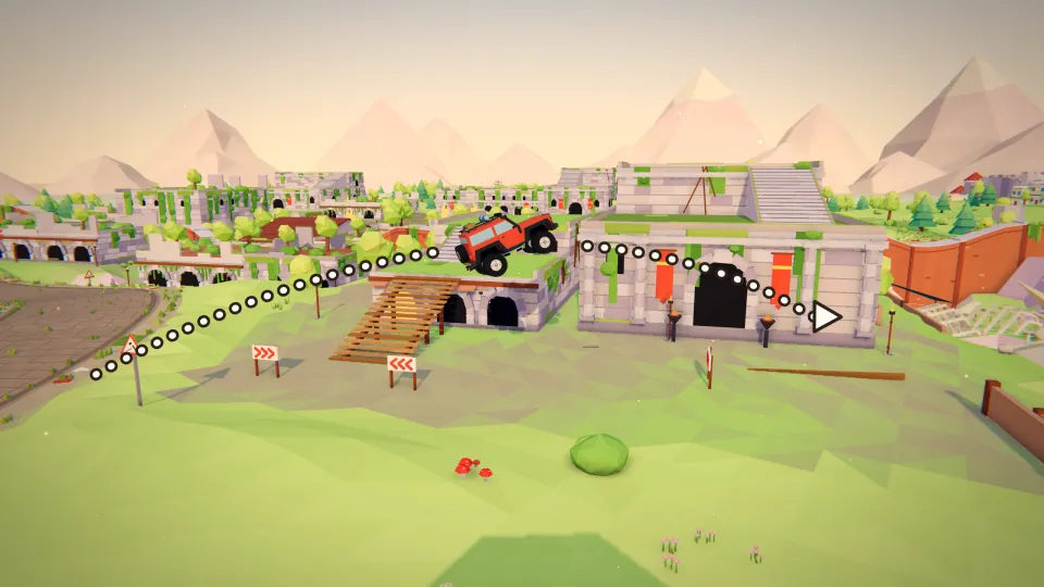 A red off-road car in mid-air over a gap between ruined buildings, its flight drawn as a dotted arc