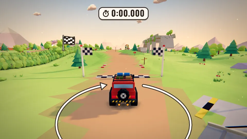 A red off-road car on the start line with the clock at 0:00.000, arrows around it, the goal flag far ahead