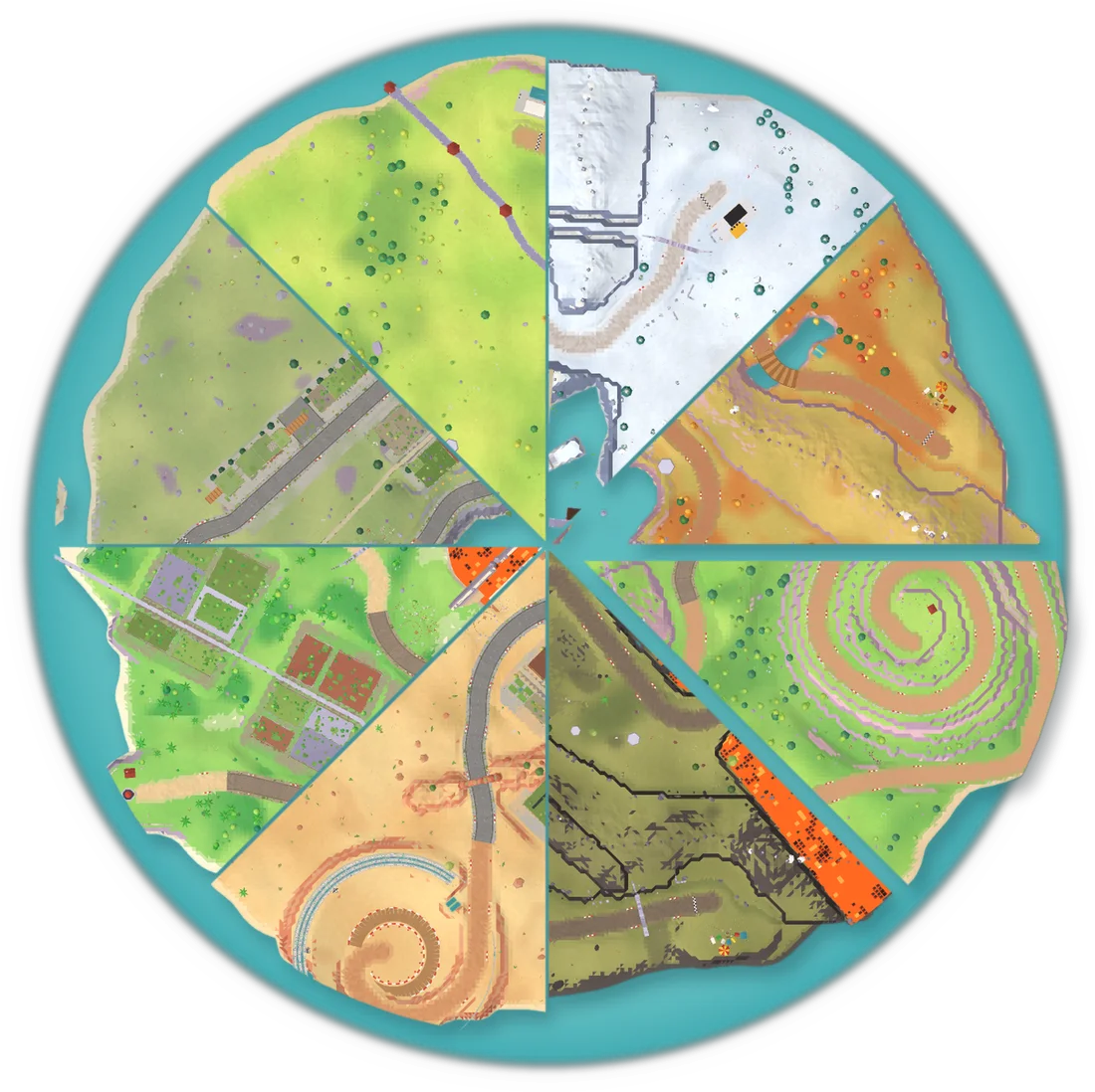 One round island cut like a pizza into eight slices, each from a different Hoone island: snow, autumn, desert, lava and green meadows